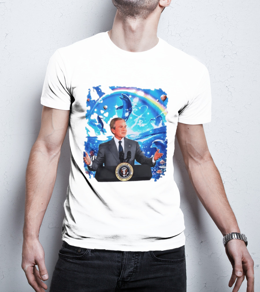 George W Bush Dolphins Coexist Peacefully With Rainbow And Ocean Scene T-Shirt