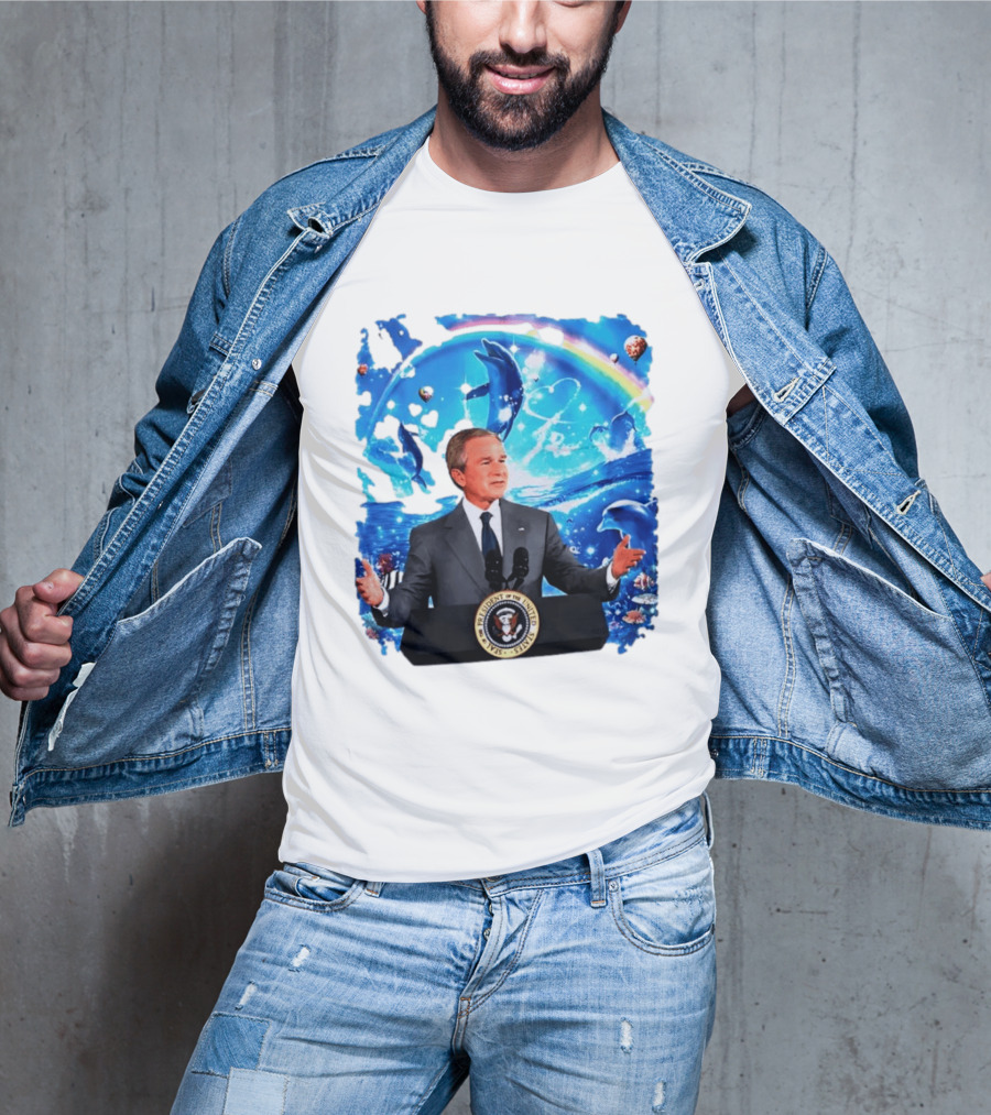 George W Bush Dolphins Coexist Peacefully With Rainbow And Ocean Scene T-Shirt