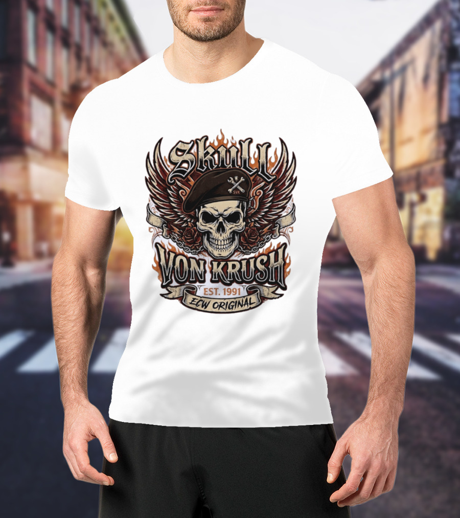 Skull Von Krush SVK Est 1991 ECW Original Flame Wings Roses T-Shirt