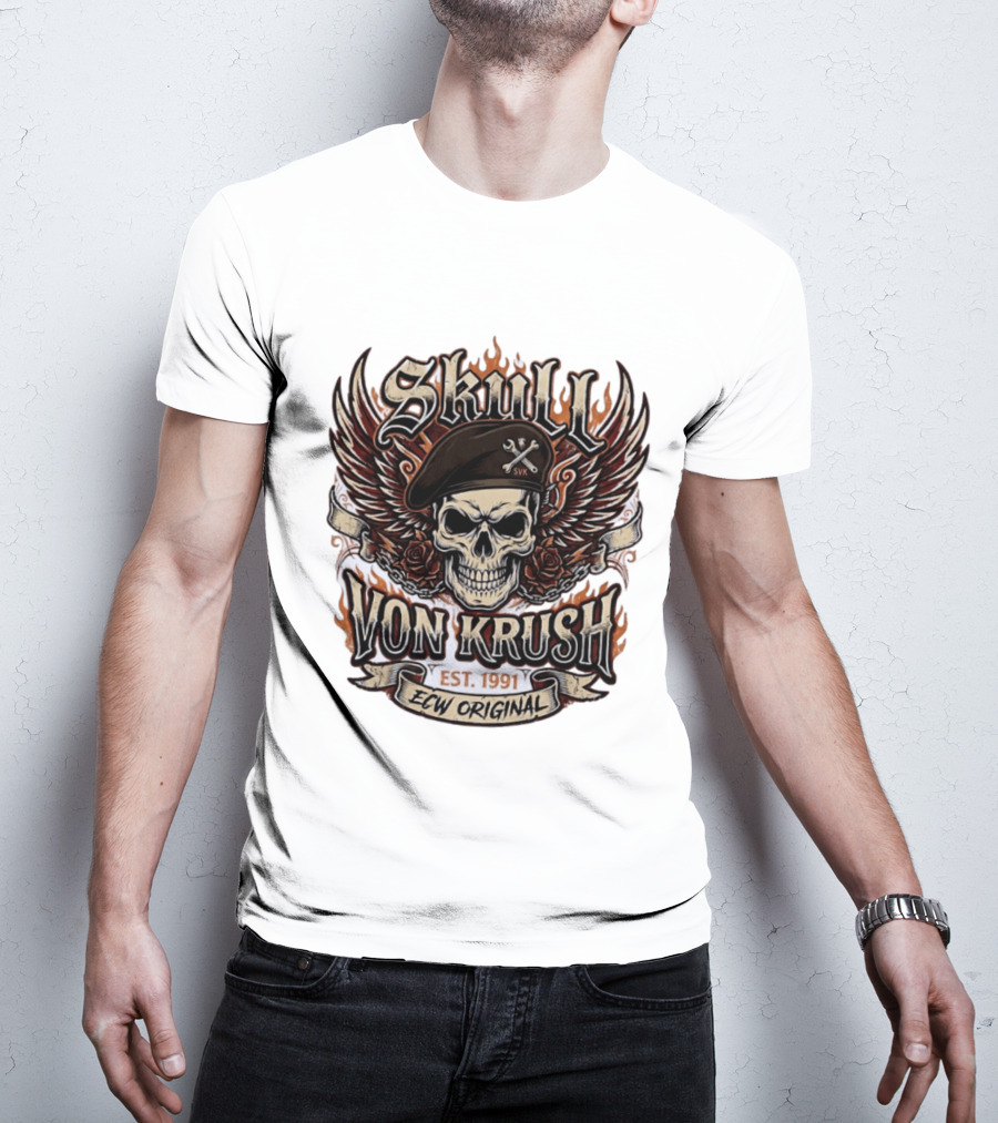 Skull Von Krush SVK Est 1991 ECW Original Flame Wings Roses T-Shirt