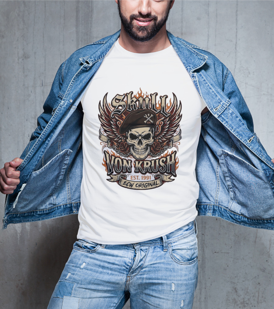 Skull Von Krush SVK Est 1991 ECW Original Flame Wings Roses T-Shirt