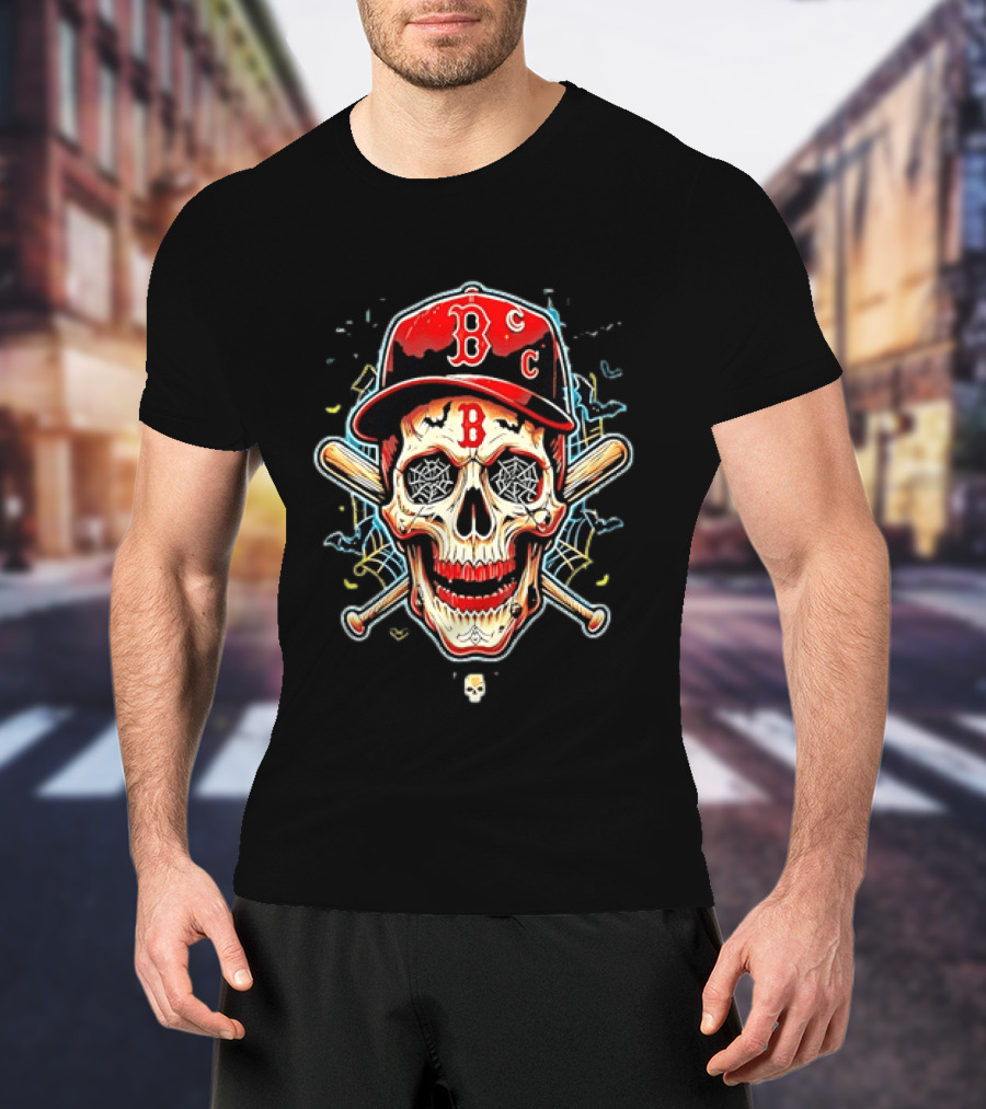 Boston Red Sox Skull Baseball Crossed Bats Red Cap T-Shirt