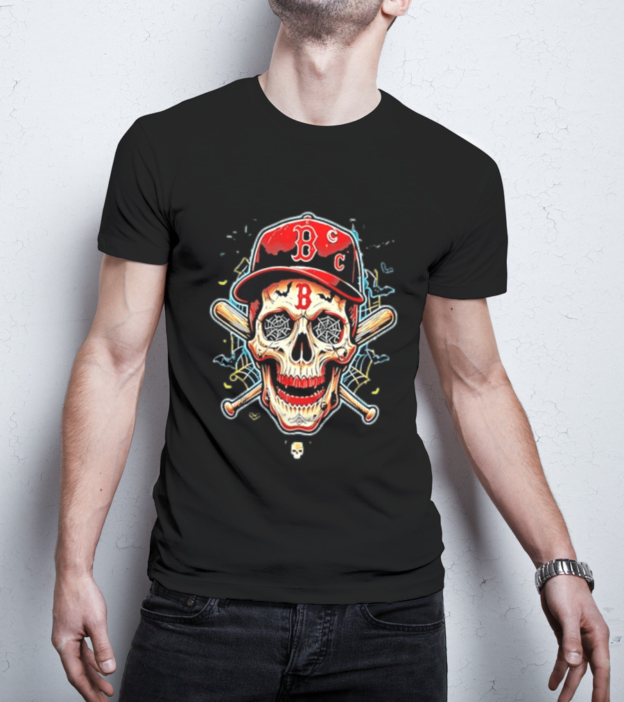 Boston Red Sox Skull Baseball Crossed Bats Red Cap T-Shirt