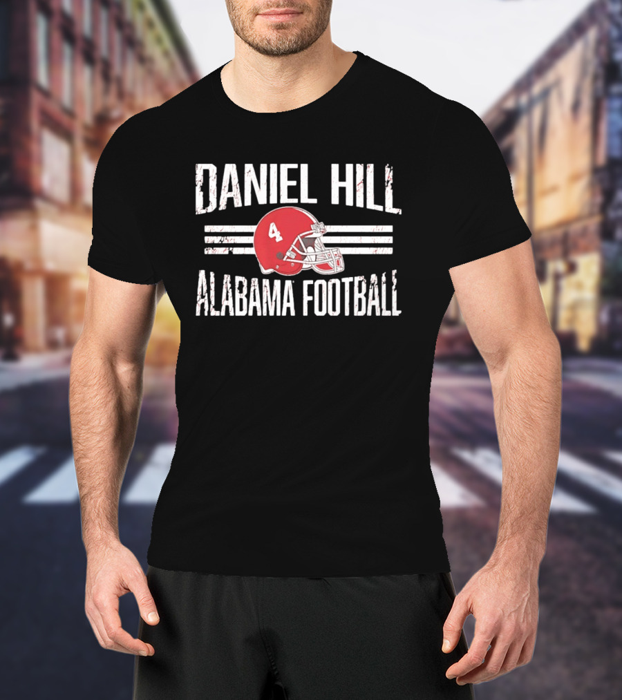 Daniel Hill Alabama Football Number 4 Red Helmet Distressed T-Shirt