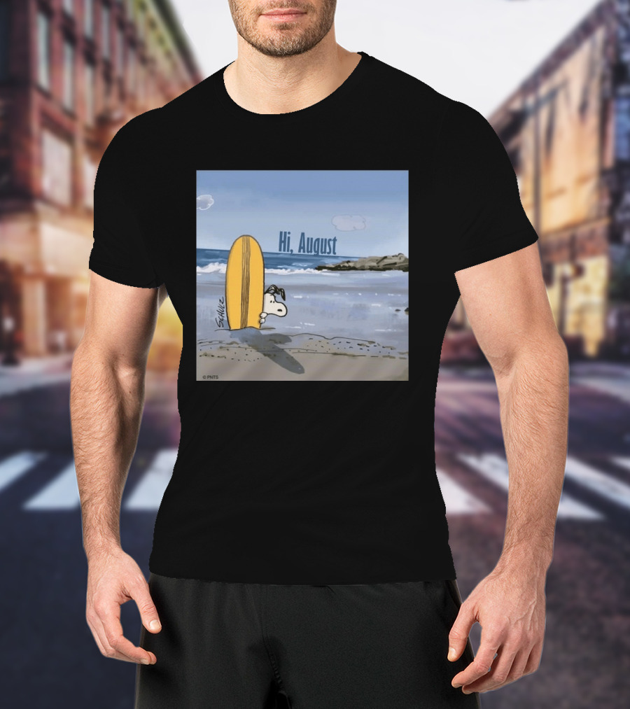 Snoopy Hi August Surfboard Beach Scene By Schulz T-Shirt
