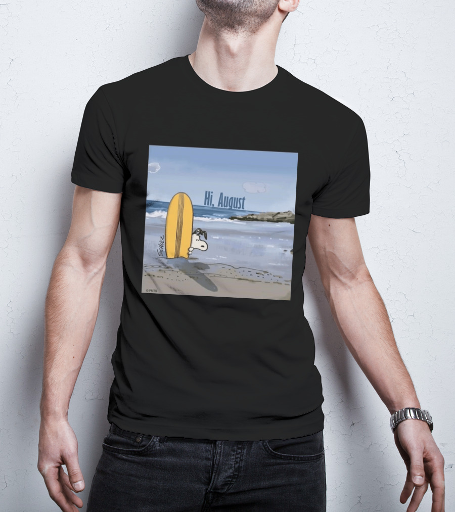 Snoopy Hi August Surfboard Beach Scene By Schulz T-Shirt
