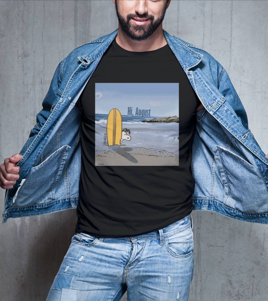 Snoopy Hi August Surfboard Beach Scene By Schulz T-Shirt