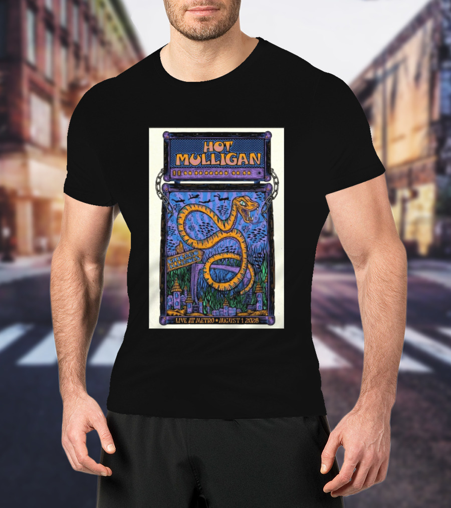 Hot Mulligan Live At Metro Chicago Illinois August 1 2026 With Snake And Cityscape T-Shirt