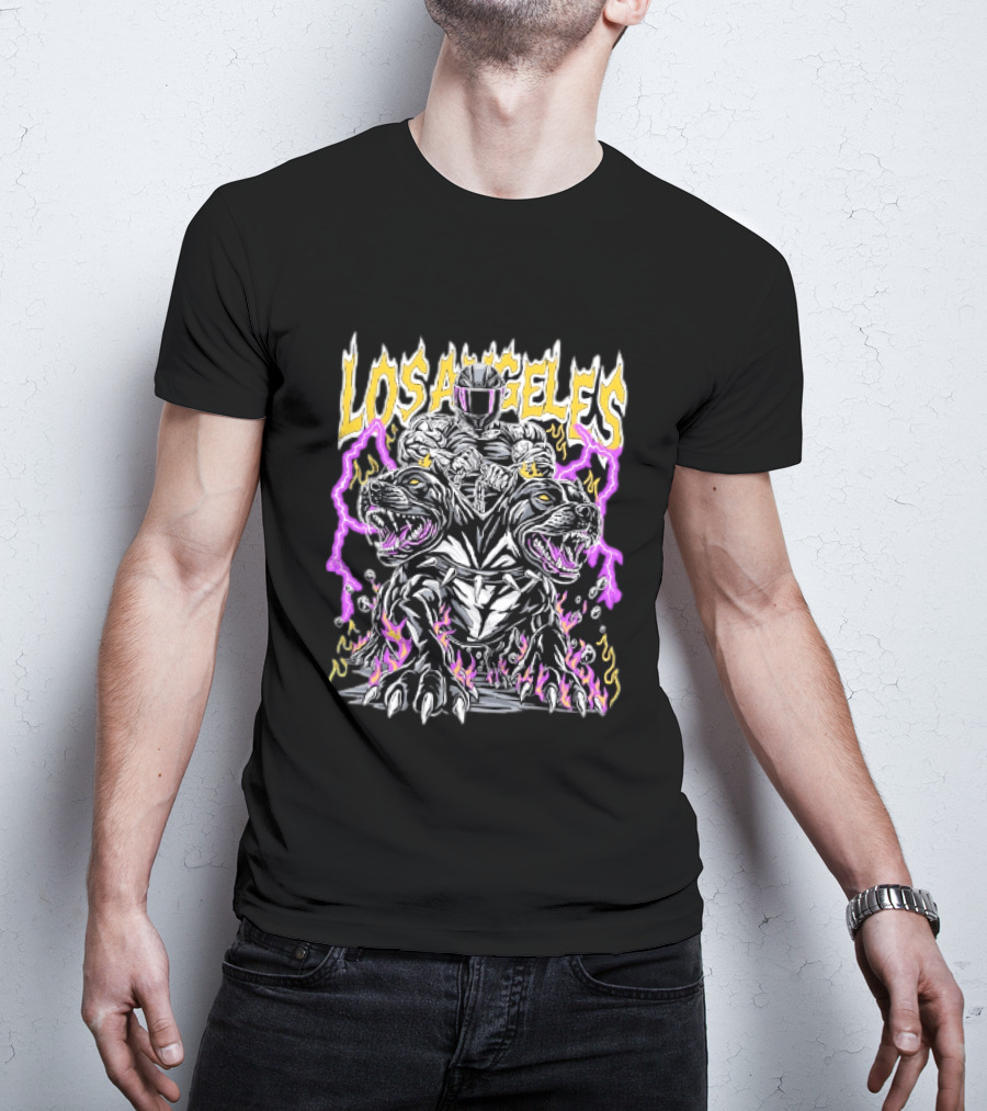 Los Angeles Rider With Two Headed Pitbull And Flames T-Shirt