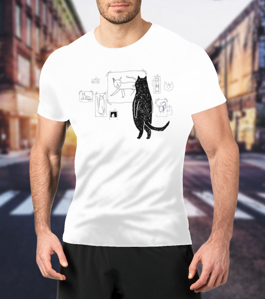 Black Cat Observing Doodle Drawings Of Cats T-Shirt