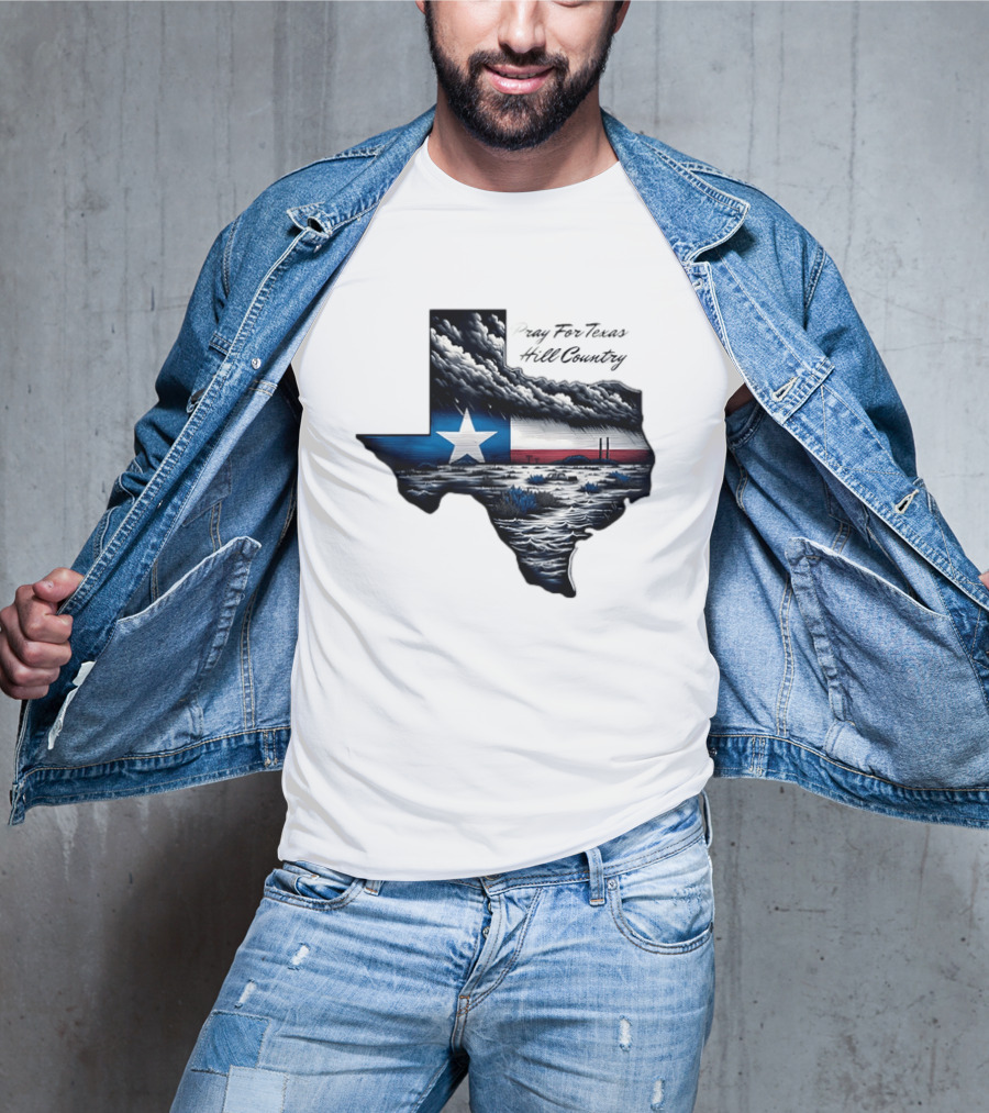Pray For Texas Hill Country Map Texas Flag Storm Clouds T-Shirt