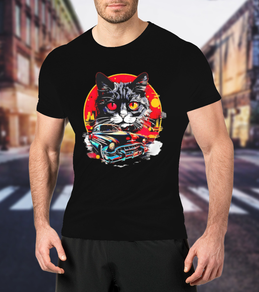 Black Cat With Vintage Classic Car And Retro Sunset T-Shirt