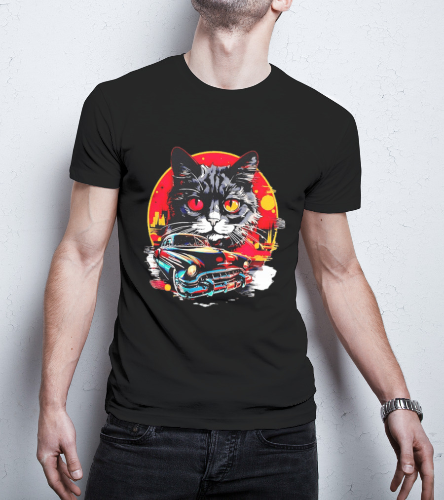 Black Cat With Vintage Classic Car And Retro Sunset T-Shirt