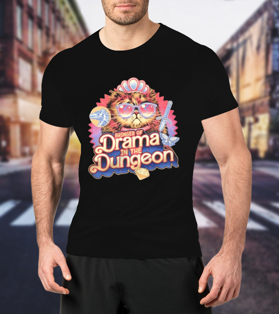 Bringer Of Drama In The Dungeon Cat With Raptor Dagger Butterfly Diamond T-Shirt