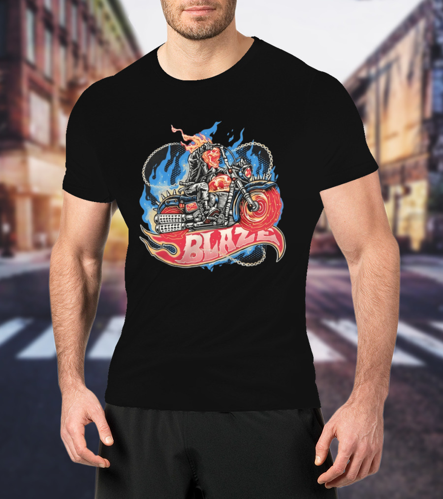 Blaze Flaming Skull Motorcycle Rider Blue Flame T-Shirt