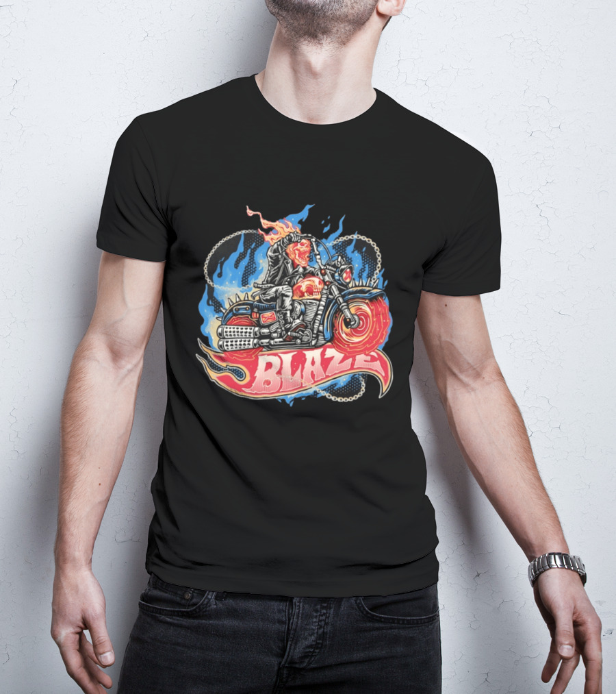 Blaze Flaming Skull Motorcycle Rider Blue Flame T-Shirt