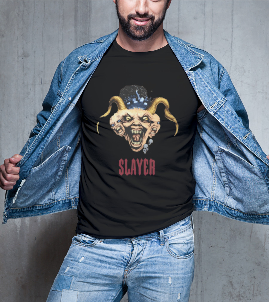 Slayer Triple Demon Head With Horns And Skulls T-Shirt