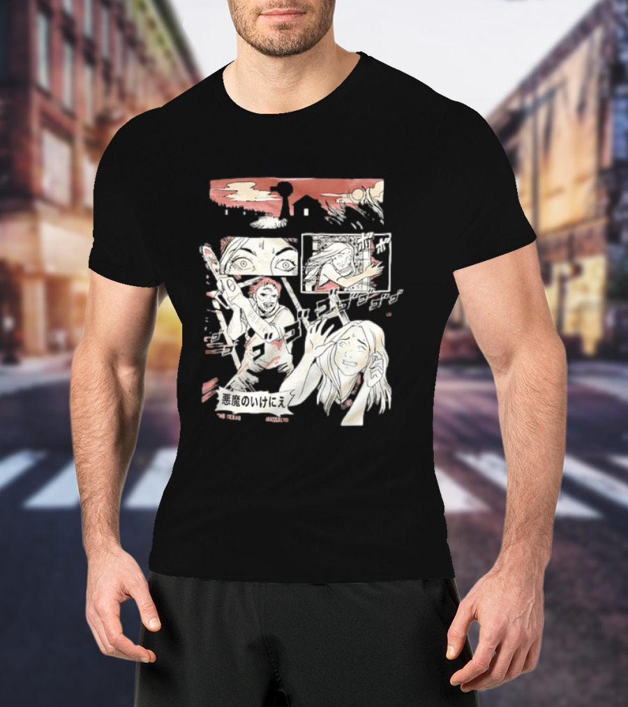 The Texas Chain Saw Massacre Manga Horror Panel With Japanese Text And Chainsaw Action T-Shirt