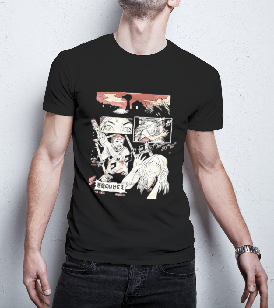 The Texas Chain Saw Massacre Manga Horror Panel With Japanese Text And Chainsaw Action T-Shirt