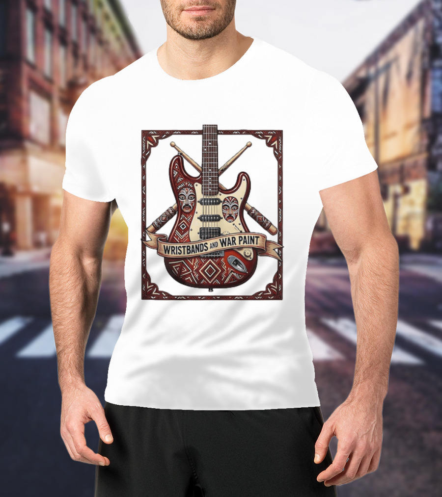 Wristbands And War Paint Electric Guitar Tribal Mask T-Shirt