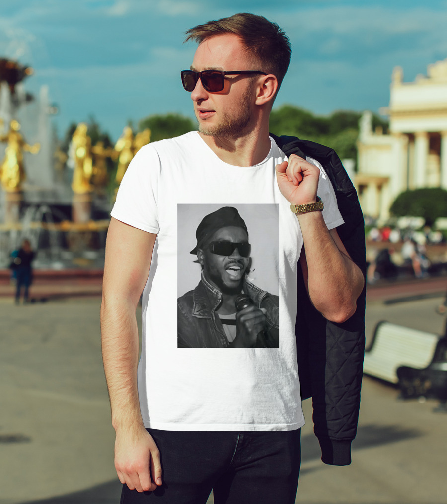 Ata Kak Iconic Ghanaian Musician Highlife Style Sunglasses Microphone Denim Jacket T-Shirt