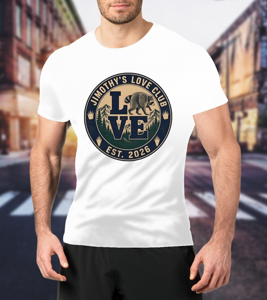Jimothy's Love Club Raccoon Love Est 2026 Mountain Shield T-Shirt