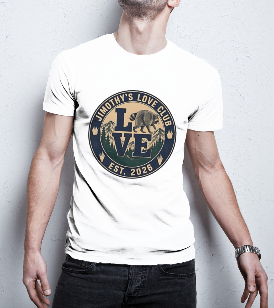 Jimothy's Love Club Raccoon Love Est 2026 Mountain Shield T-Shirt