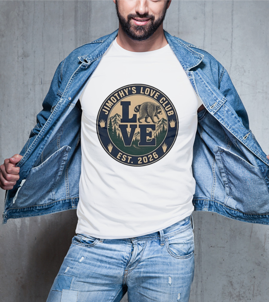 Jimothy's Love Club Raccoon Love Est 2026 Mountain Shield T-Shirt