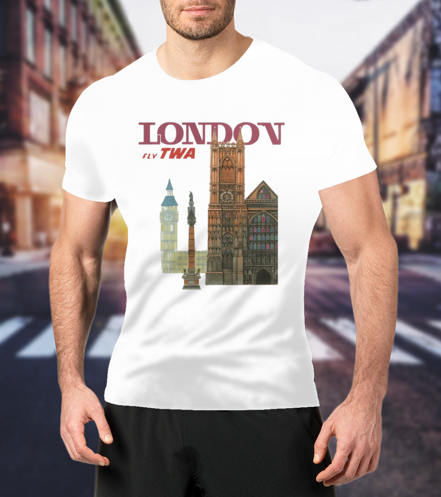 London Fly TWA Travel Big Ben Westminster Abbey Landmark T-Shirt