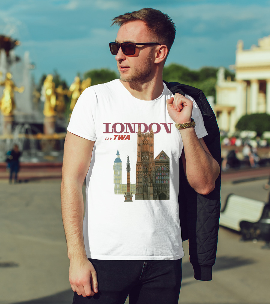 London Fly TWA Travel Big Ben Westminster Abbey Landmark T-Shirt