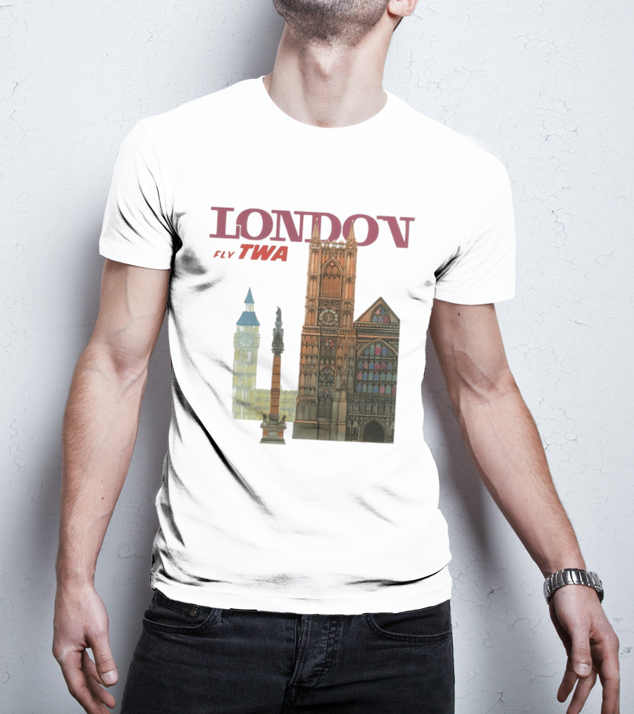 London Fly TWA Travel Big Ben Westminster Abbey Landmark T-Shirt
