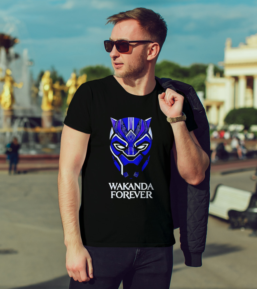 Wakanda Forever Blue Black Panther Mask Marvel T-Shirt