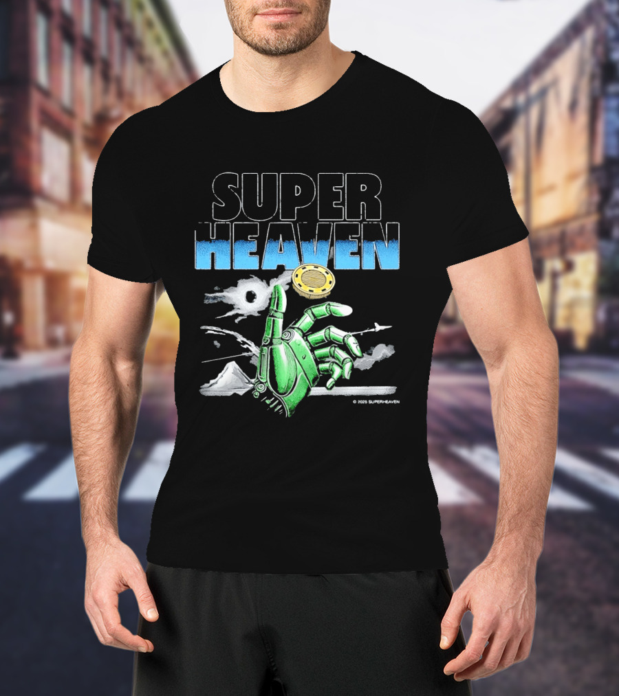 Superheaven Robotic Hand Space Adventure Coin And Mountain Scene T-Shirt