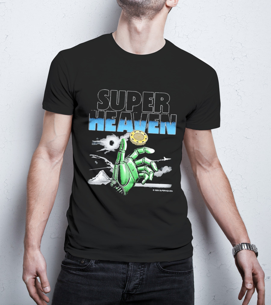 Superheaven Robotic Hand Space Adventure Coin And Mountain Scene T-Shirt