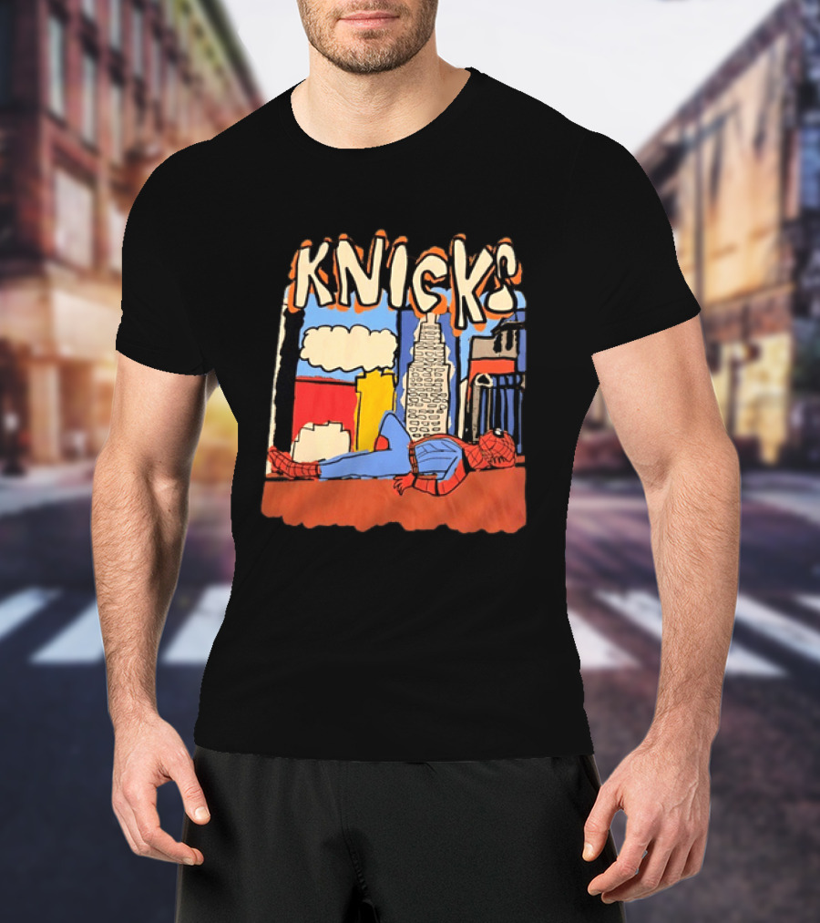 New York Knicks Spiderman Marvel NBA Basketball Skyline T-Shirt