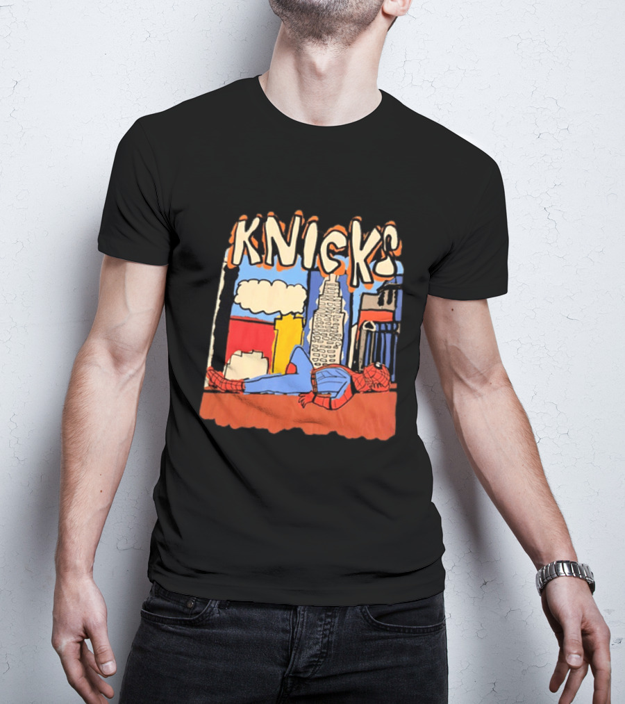 New York Knicks Spiderman Marvel NBA Basketball Skyline T-Shirt