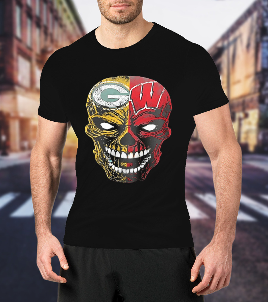 Wisconsin Green Bay Packers Badgers G W Skull Black T-Shirt