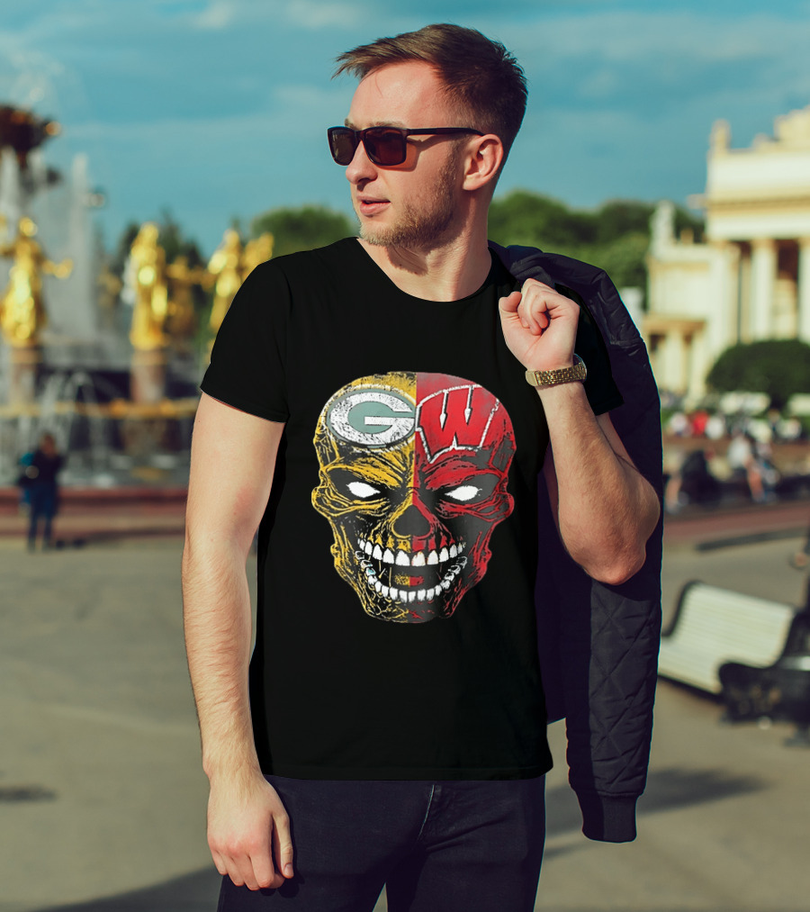 Wisconsin Green Bay Packers Badgers G W Skull Black T-Shirt