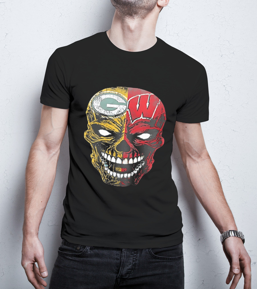 Wisconsin Green Bay Packers Badgers G W Skull Black T-Shirt