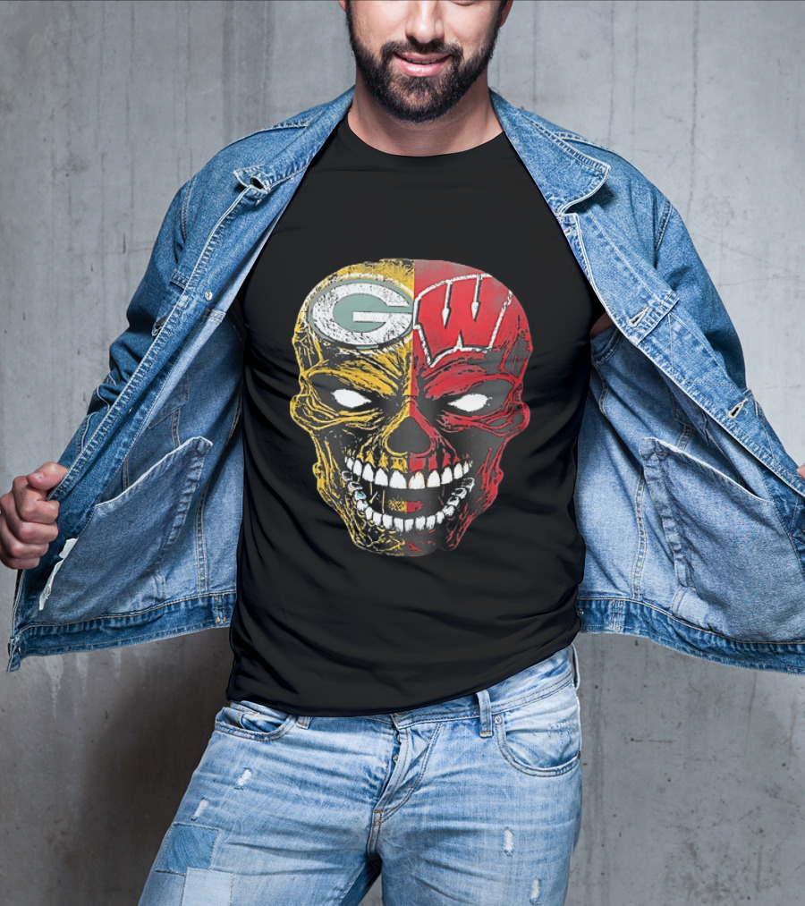 Wisconsin Green Bay Packers Badgers G W Skull Black T-Shirt