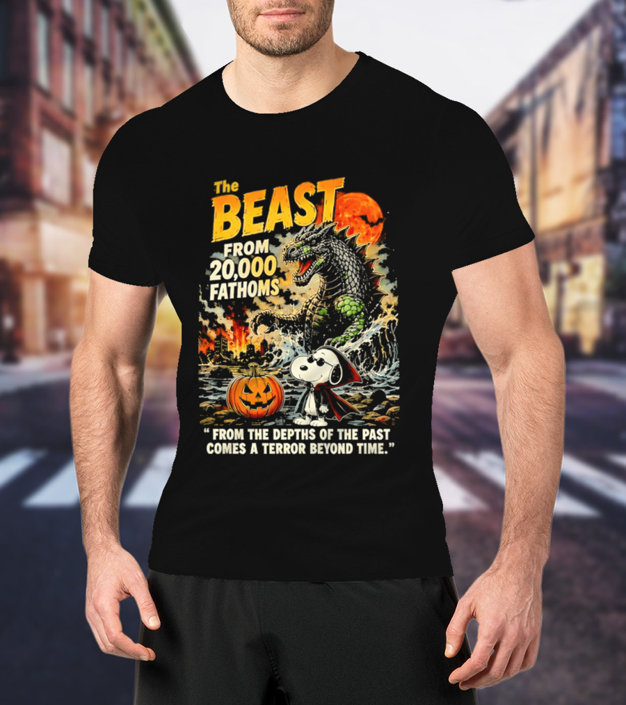Snoopy And The Beast From 20000 Fathoms Halloween Pumpkin Terror T-Shirt