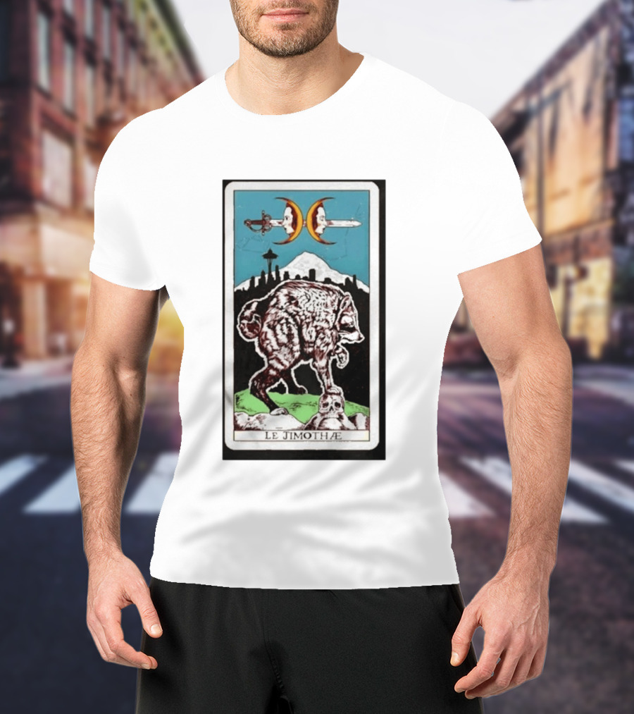 Le Jimothae Raccoon Tarot Seattle Skyline Moon Swords T-Shirt