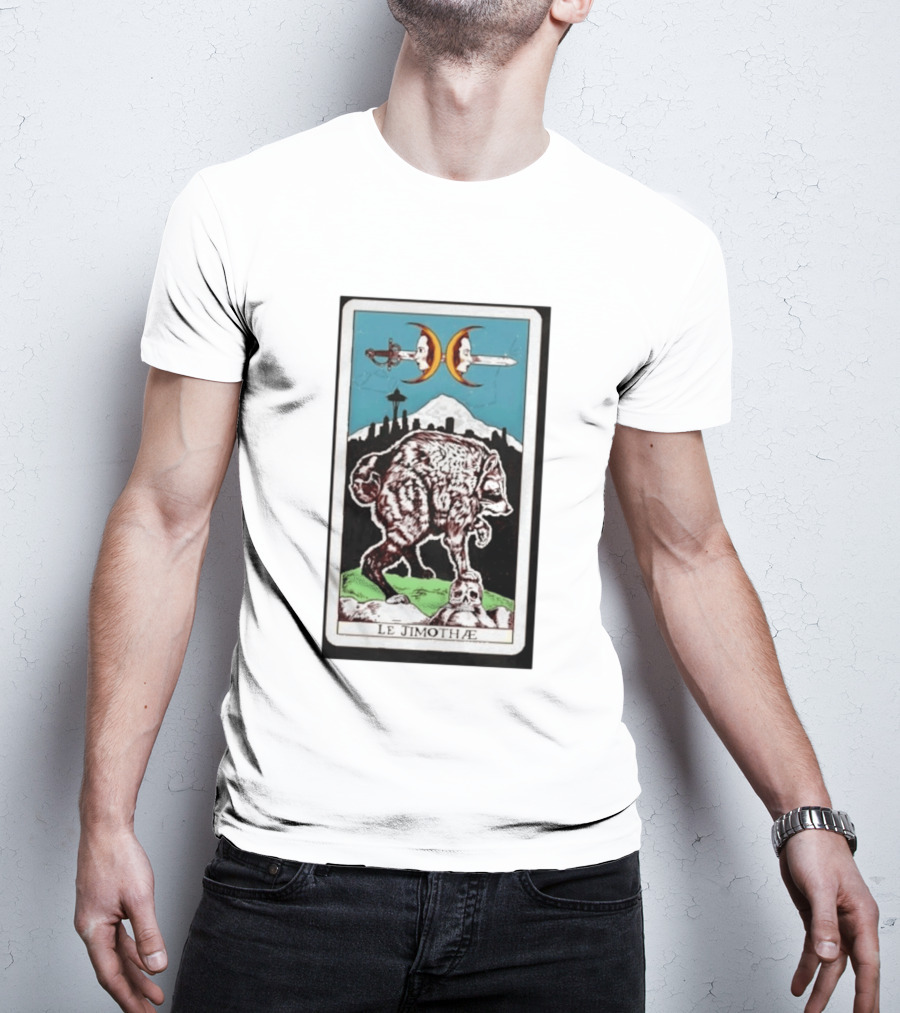 Le Jimothae Raccoon Tarot Seattle Skyline Moon Swords T-Shirt