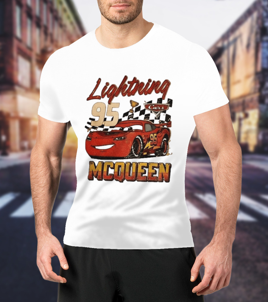 Lightning McQueen 95 Cars Trophy Checkered Flags Disney Pixar T-Shirt