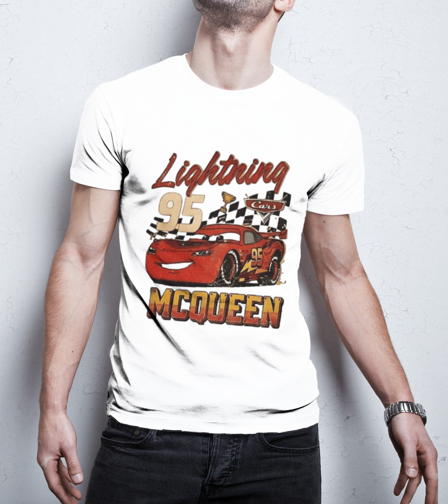 Lightning McQueen 95 Cars Trophy Checkered Flags Disney Pixar T-Shirt