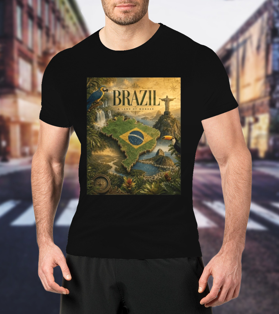 Brazil A Land Of Wonder Ordem E Progresso Christ The Redeemer Amazon Rainforest Toucan Macaw Waterfalls T-Shirt