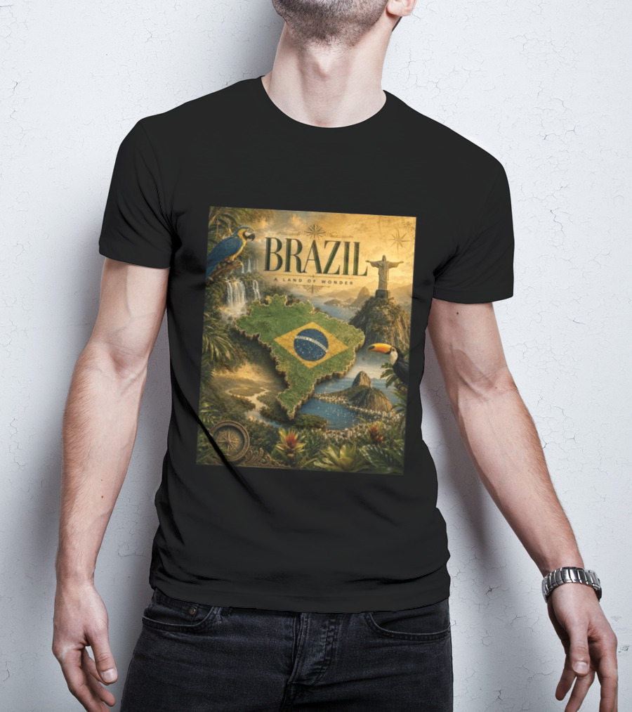 Brazil A Land Of Wonder Ordem E Progresso Christ The Redeemer Amazon Rainforest Toucan Macaw Waterfalls T-Shirt