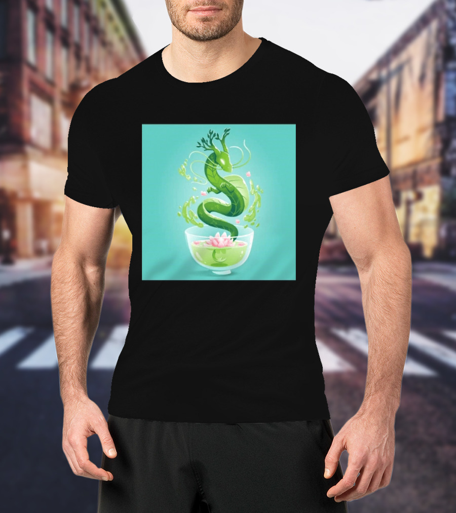 Green Tea Dragon In Teacup With Blossoms And Leaves T-Shirt
