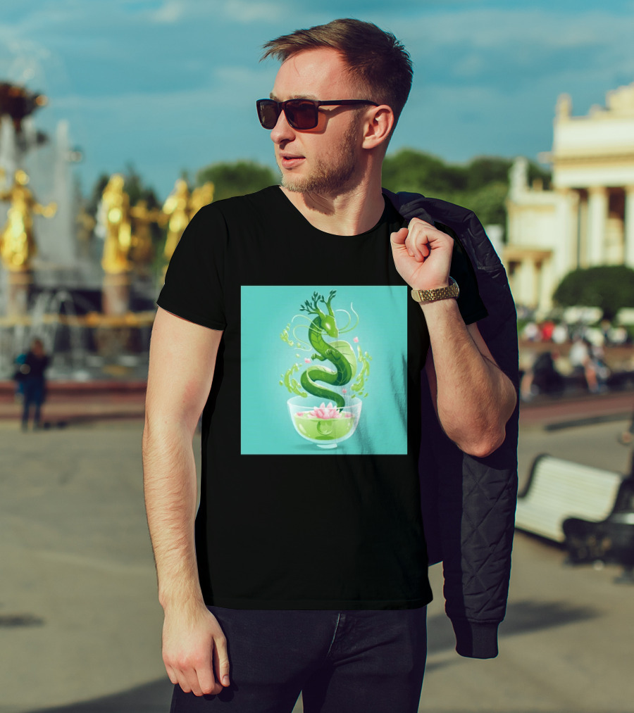 Green Tea Dragon In Teacup With Blossoms And Leaves T-Shirt
