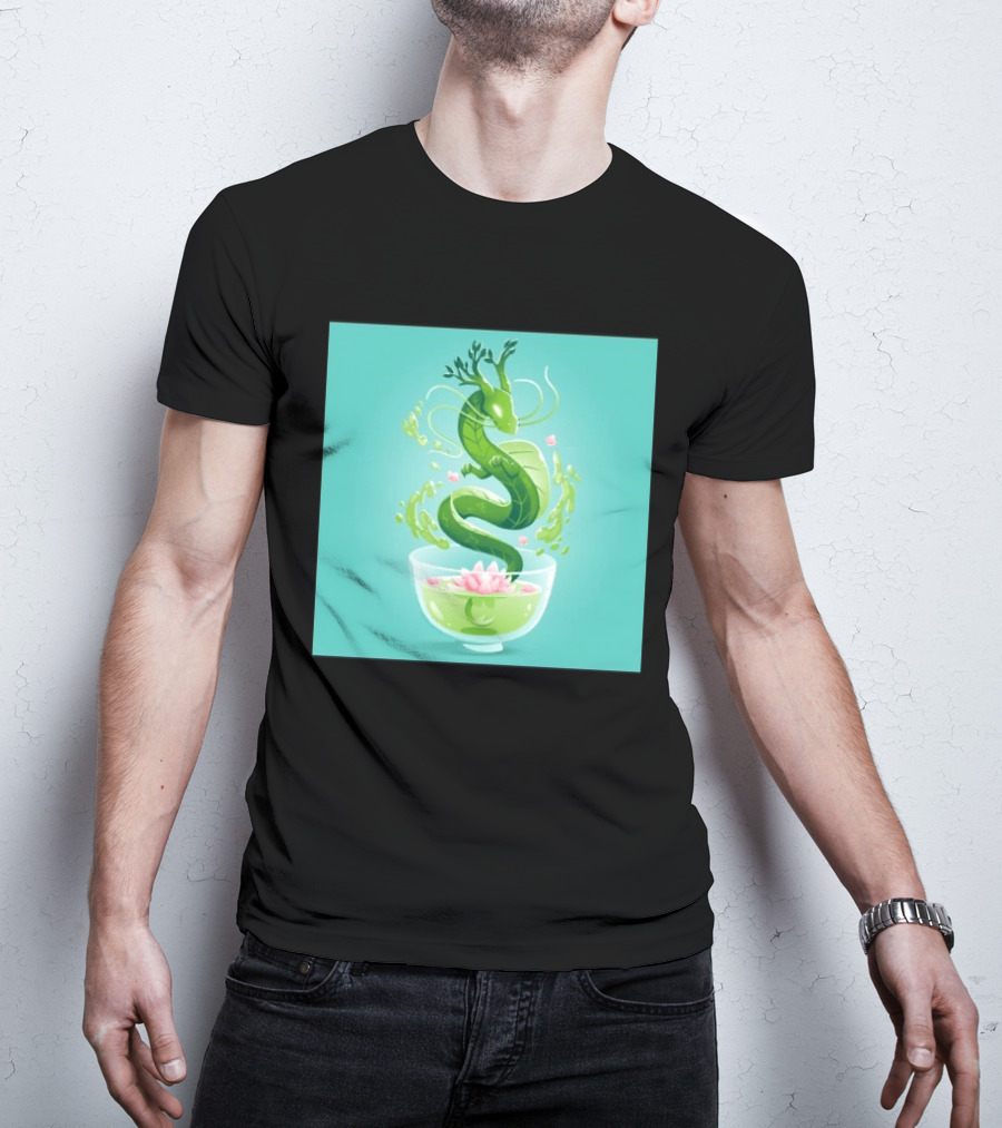 Green Tea Dragon In Teacup With Blossoms And Leaves T-Shirt